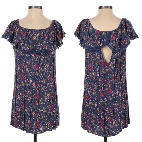 French Grey Womens Dress Size Small Blue Floral Open Back Eyelet Cottage Prairie - Picture 1 of 11